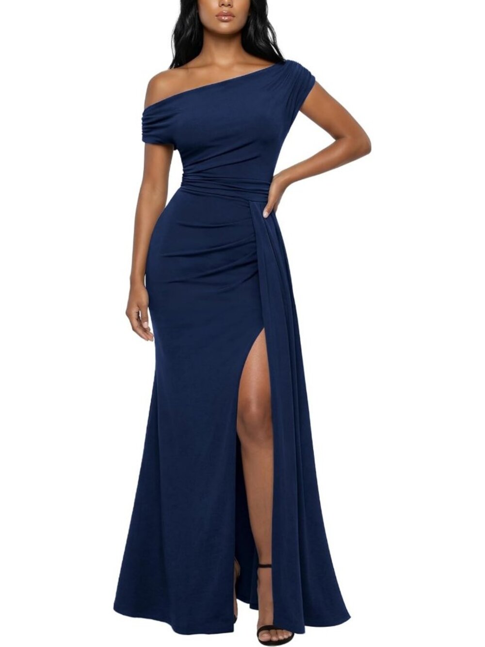 Stylish One Shoulder Ruched Maxi Dress - Elegant Evening Party Gown for Women